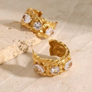 18K Gold  Plated Stainless Steel Crystal Studded Hoop Earrings